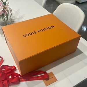 NEW Louis Vuitton purse gift box with blank tag, receipt, holder, and ribbon